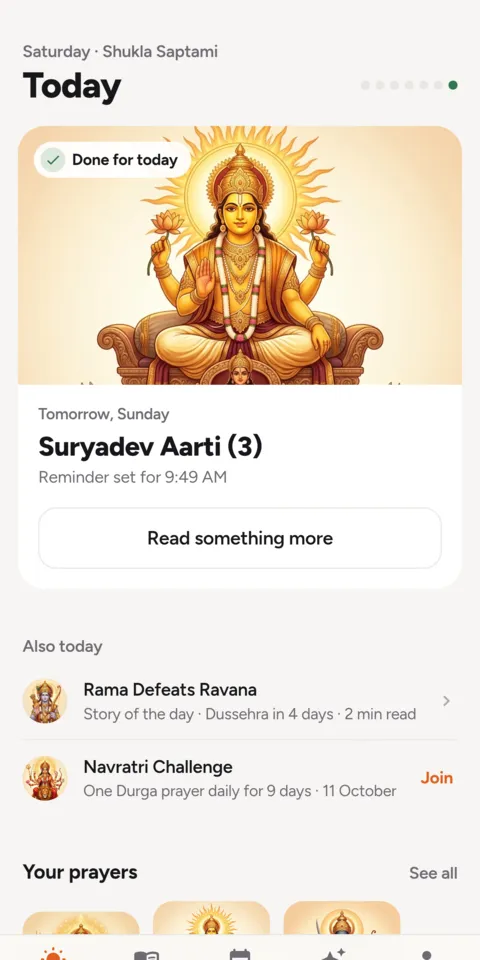 The Today screen of Hindu Prayers