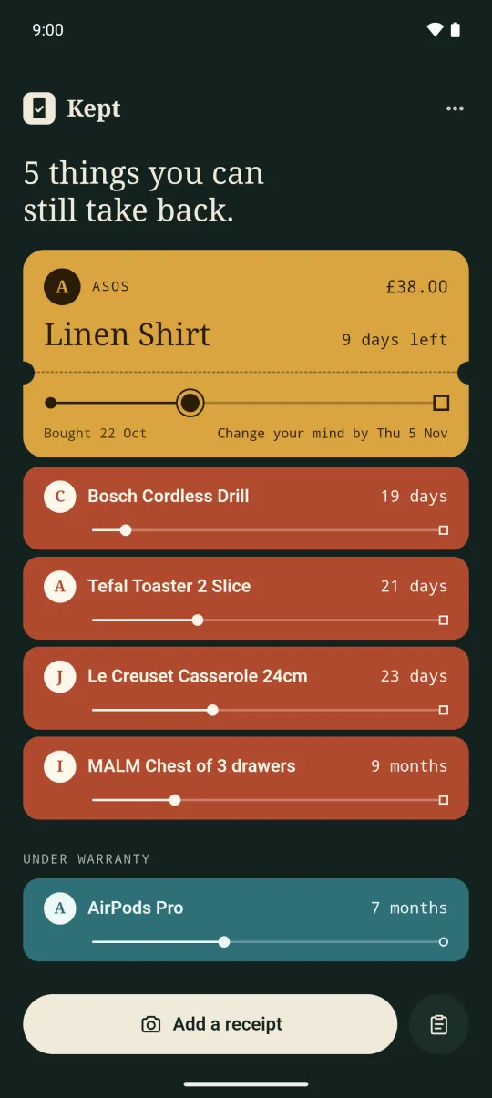 Kept's list of receipts as coloured passes, with the linen shirt that can go back within 9 days at the top