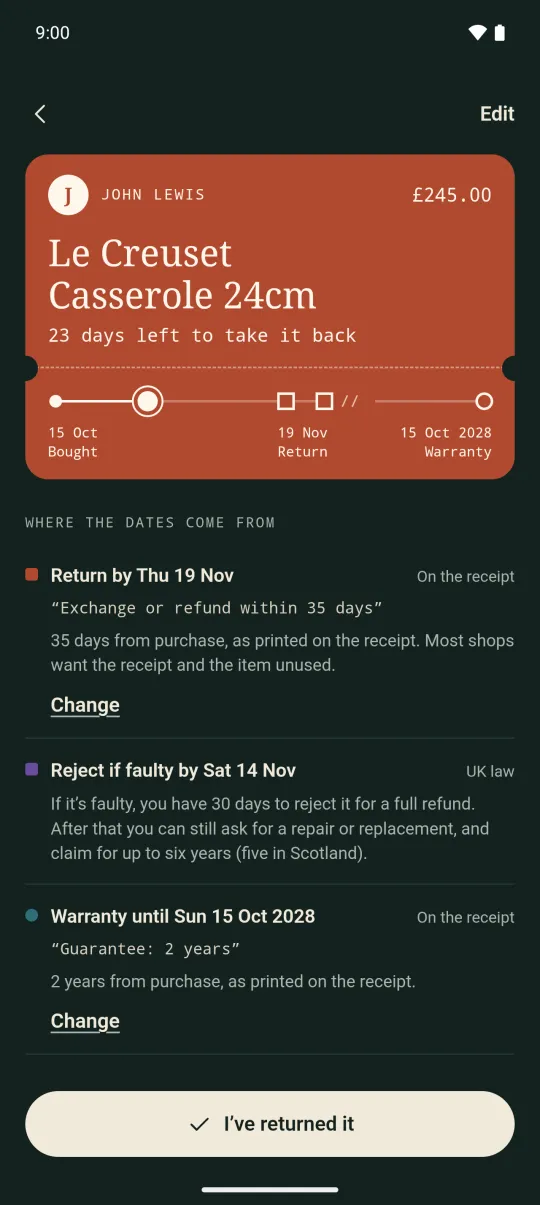 A John Lewis casserole as a pass, with a timeline from the day it was bought to the return date and the warranty