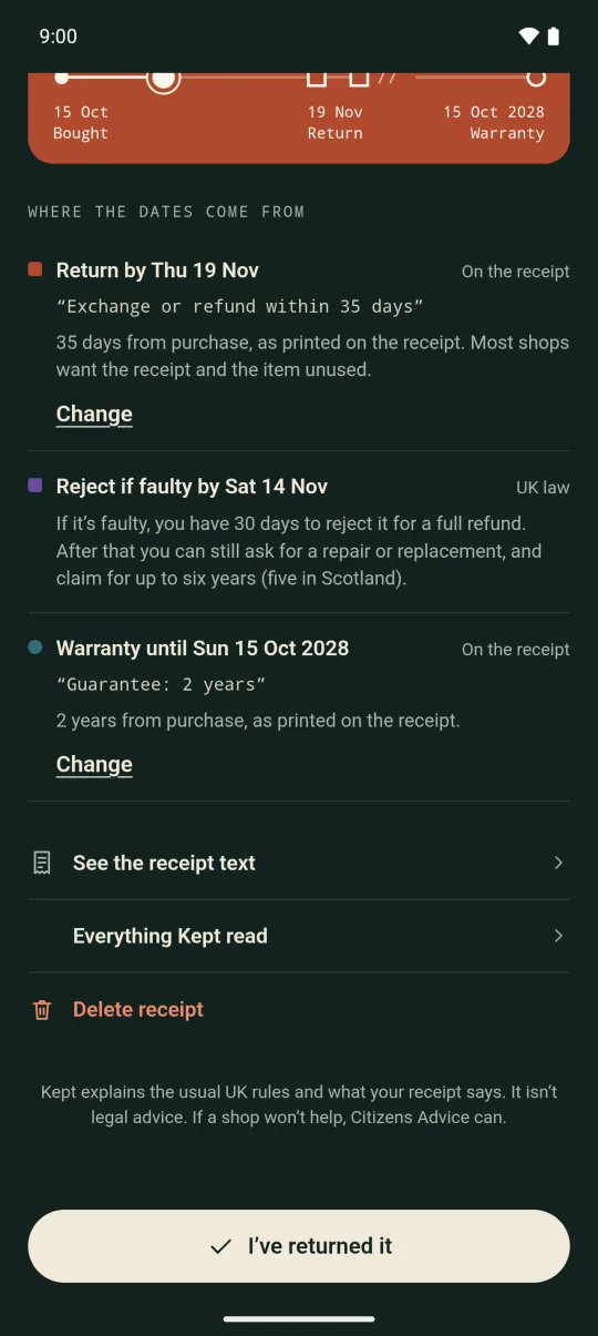 Where each date comes from, quoting the words on the receipt or naming the UK law