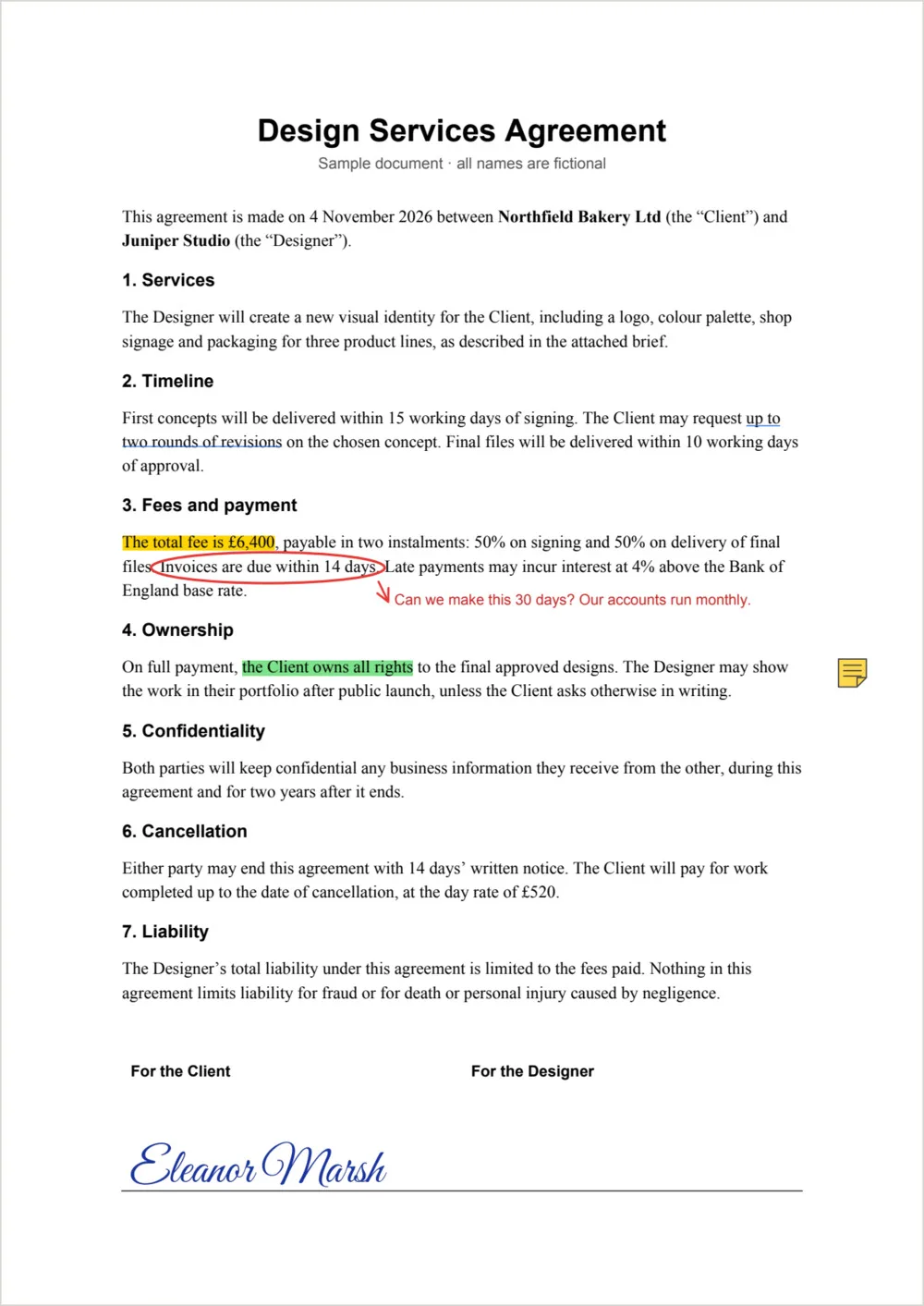 A design services agreement marked up in StetPDF, with highlighted terms, a circled payment clause and a comment, a sticky note and a typed signature
