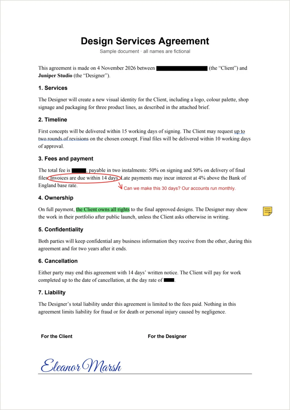 The same agreement after redaction in StetPDF, with the fee, day rate and client name replaced by black boxes