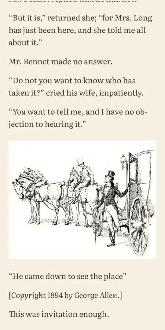 An illustrated page of Pride and Prejudice in the sepia theme, with the picture in place