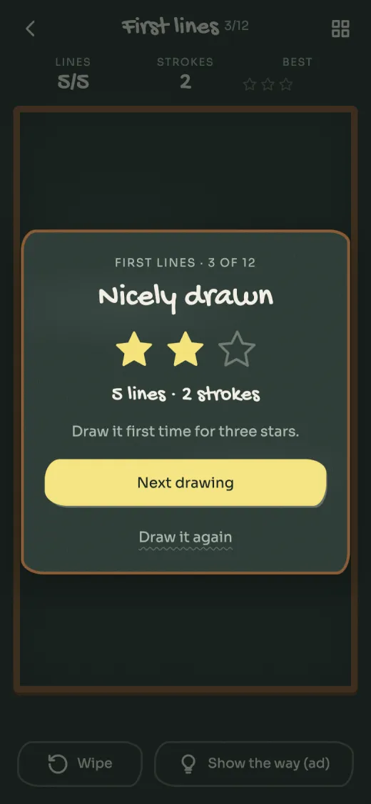 Chalkline drawing complete card with two stars, five lines in two strokes