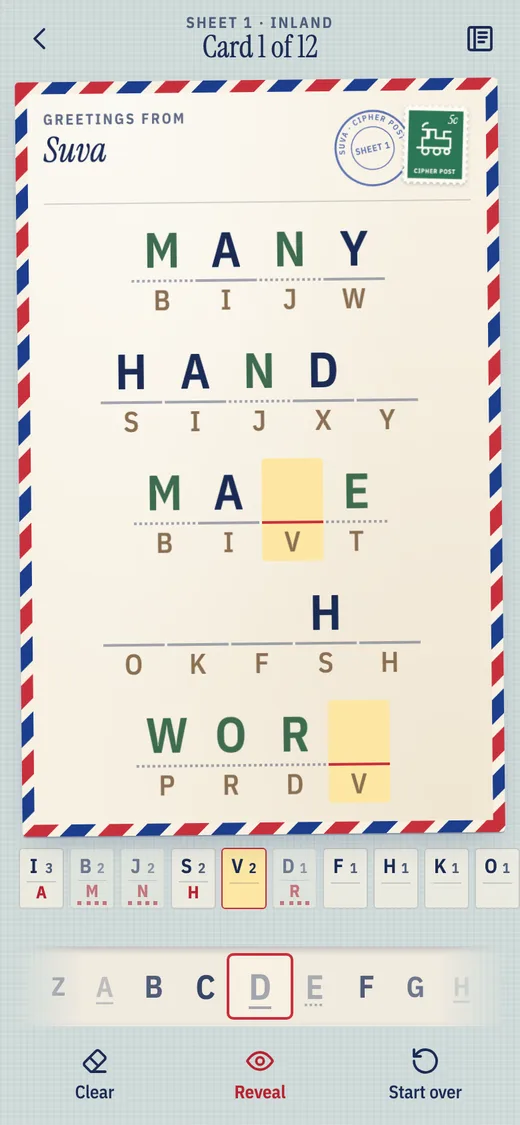 Cipher Post in the Airmail look, a cream postcard from Suva with red and blue chevrons, half decoded, above a letter wheel