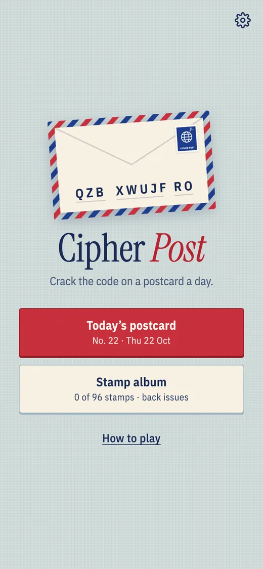 Cipher Post title screen, an airmail envelope with a stamp and a line of code letters
