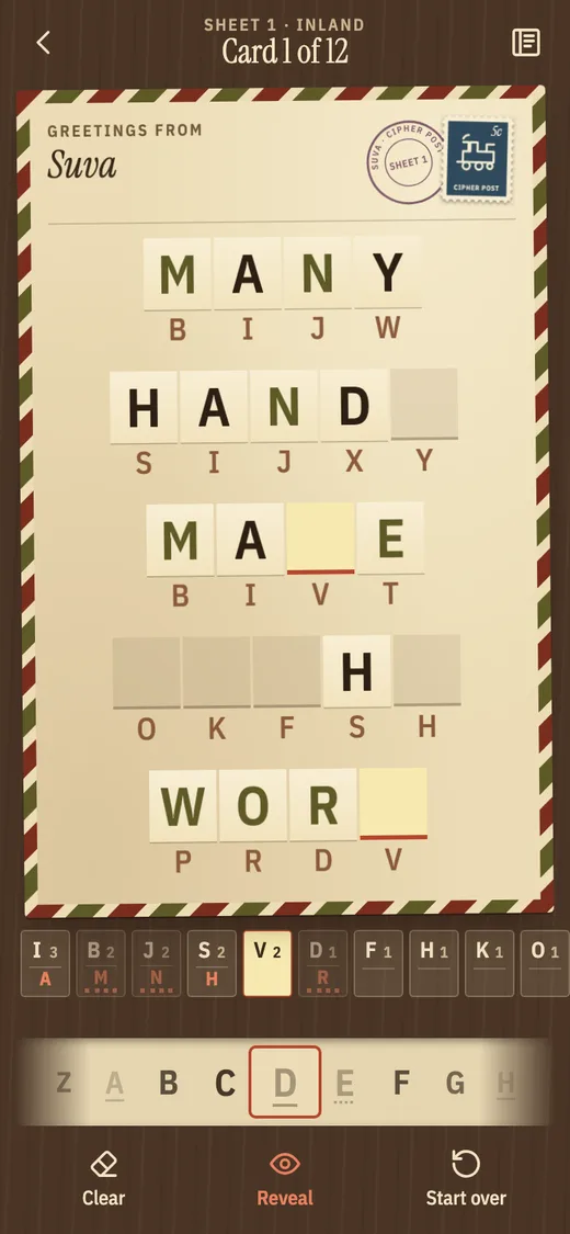 Cipher Post in the Telegram look, decoded letters on pasted paper strips on a sepia slip