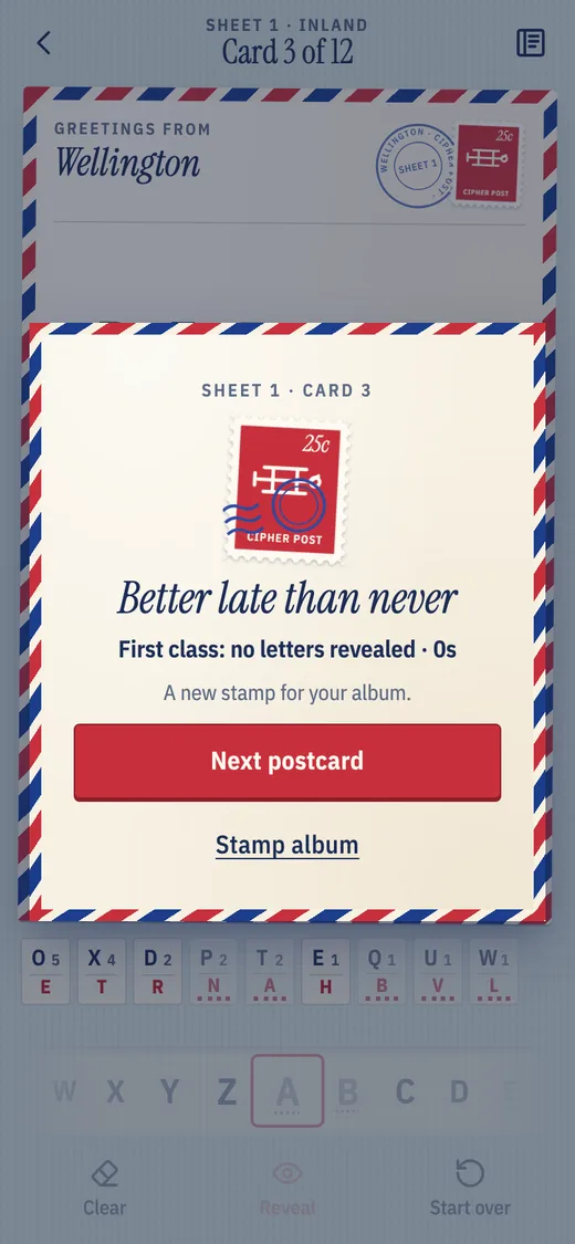 A postcard delivered, its new stamp cancelled with a postmark above the decoded saying "Better late than never"