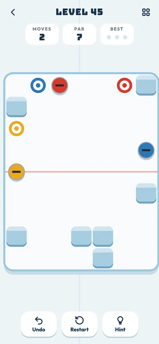 Glide Home on a 1970s curling rink, with red, mustard and blue stones and their matching target rings among pale blue blocks