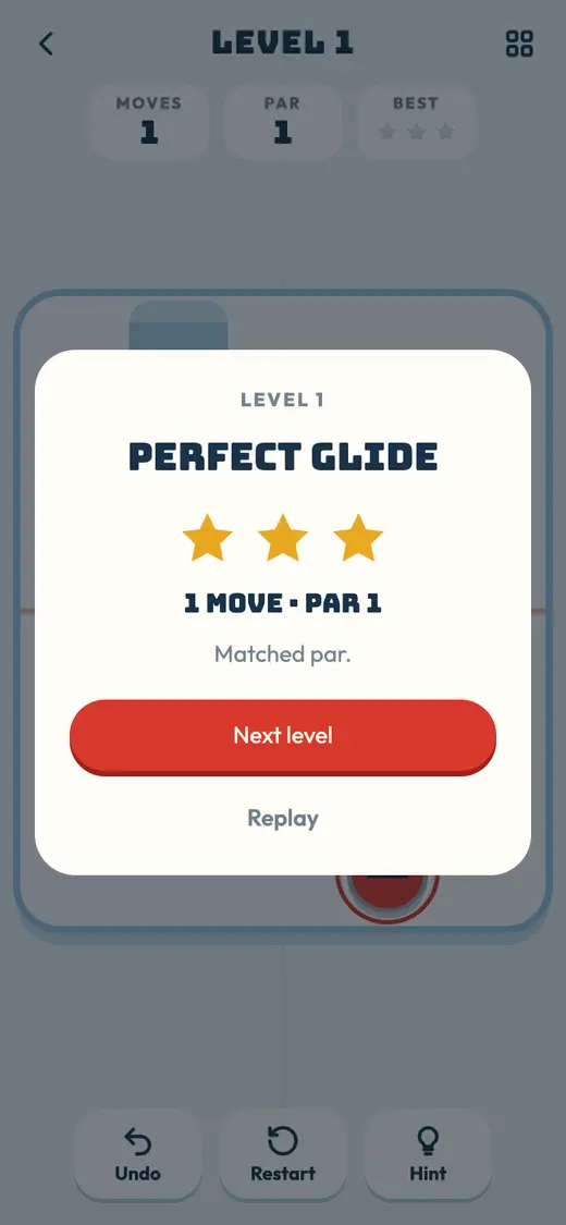 Glide Home level complete card with three gold stars, one move at par one