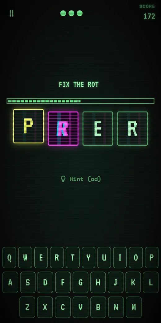Letter Rot in the Bit rot look, green monitor letters with a glitching magenta rotten tile