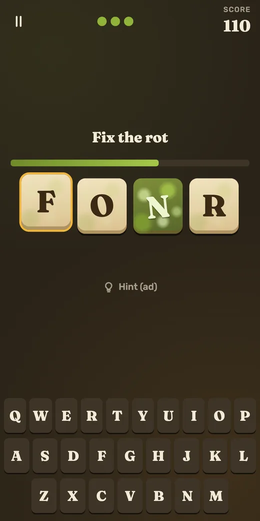 Letter Rot in the Compost look, a four-letter word with one mouldy, rotten tile and the fuse half burned