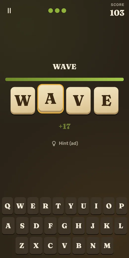 Letter Rot in the Compost look, the word WAVE just fixed, scoring 17 points