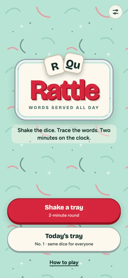 Rattle title screen, a diner sign with two tumbling dice above "Words served all day"