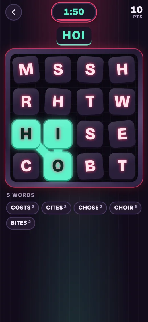 Rattle in the Neon night look, glowing pink letters on dark dice with a path lit in neon mint