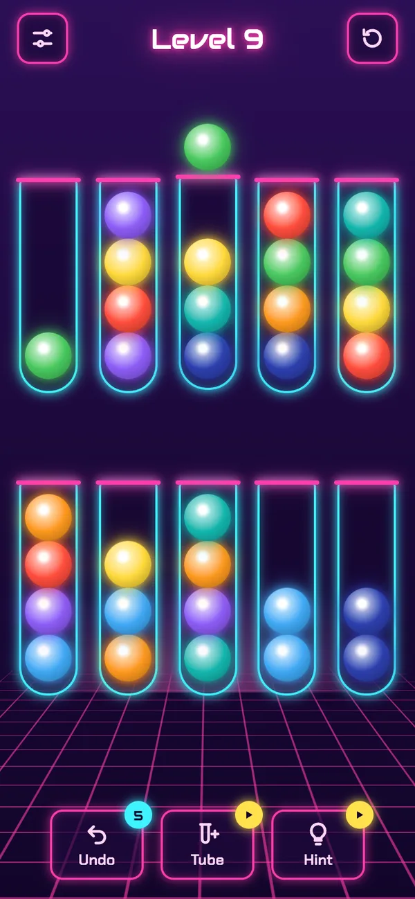 Snug Sort in the Arcade look, with neon tubes on a grid