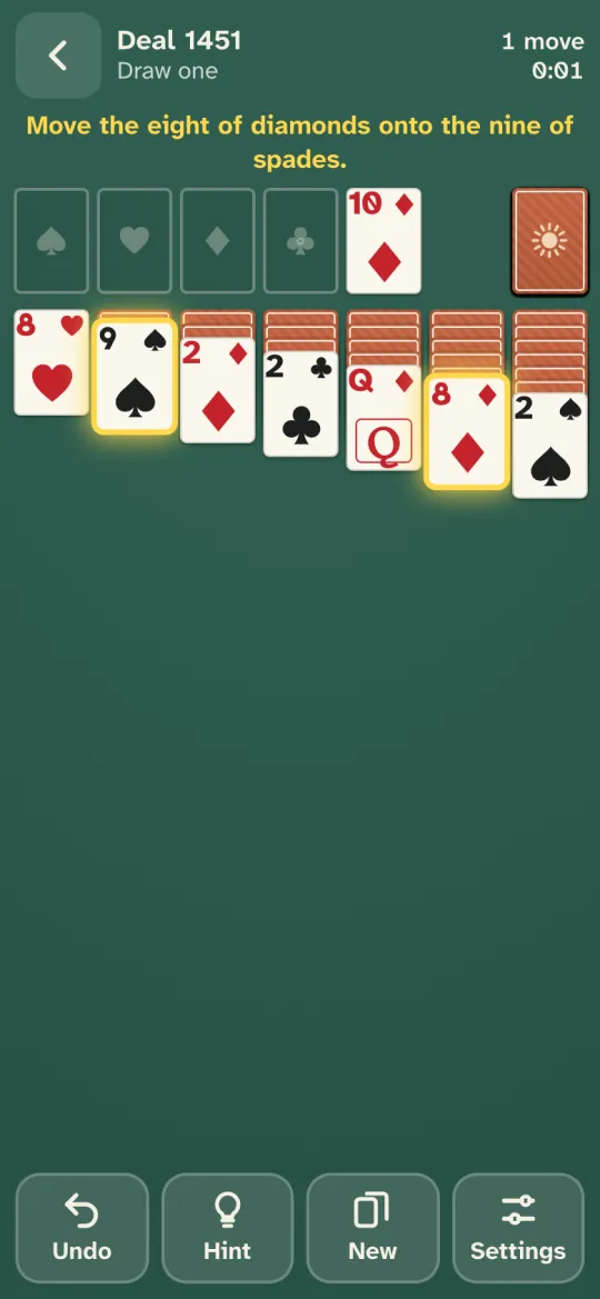 A hint lighting up the jack of diamonds and the queen of spades, with the words "Move the jack of diamonds onto the queen of spades" above the table