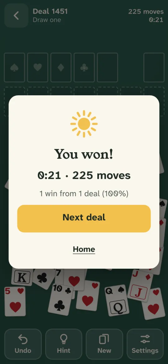 The win screen, a yellow sun above "You won!" with the time, the number of moves and the win rate