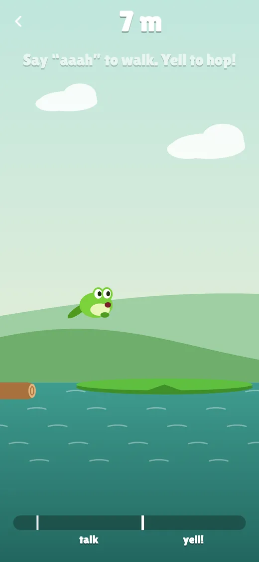 Yell Hop in the Pond look, the frog mid-hop between lily pads, with the voice meter at the bottom